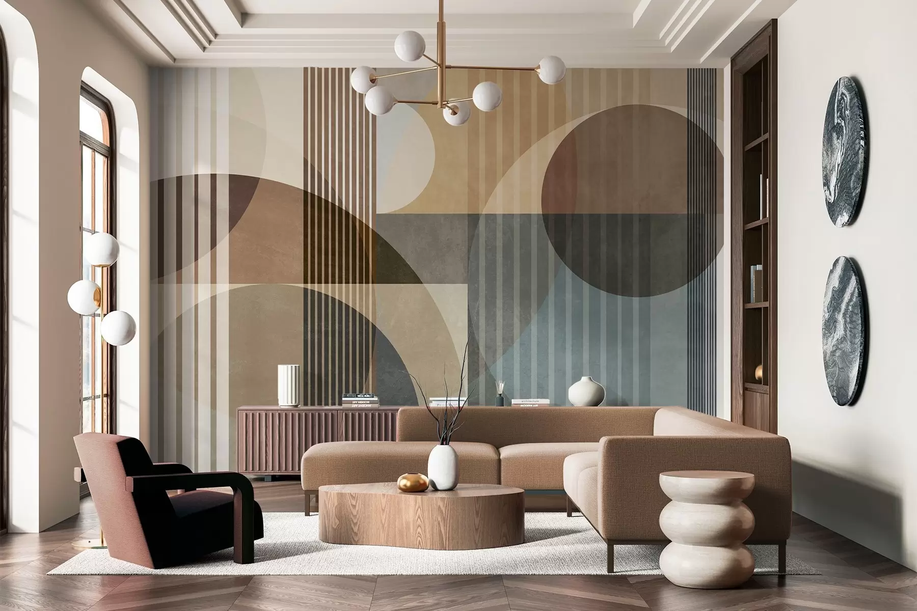 murais de parede Formas geométricas abstratas com círculos e linhas, tons terrosos suaves, composição texturada e em camadas w09834
