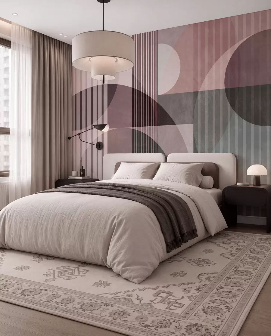 murais de parede Formas geométricas abstratas com círculos e linhas, tons suaves, textura e composição em camadas w09834v1