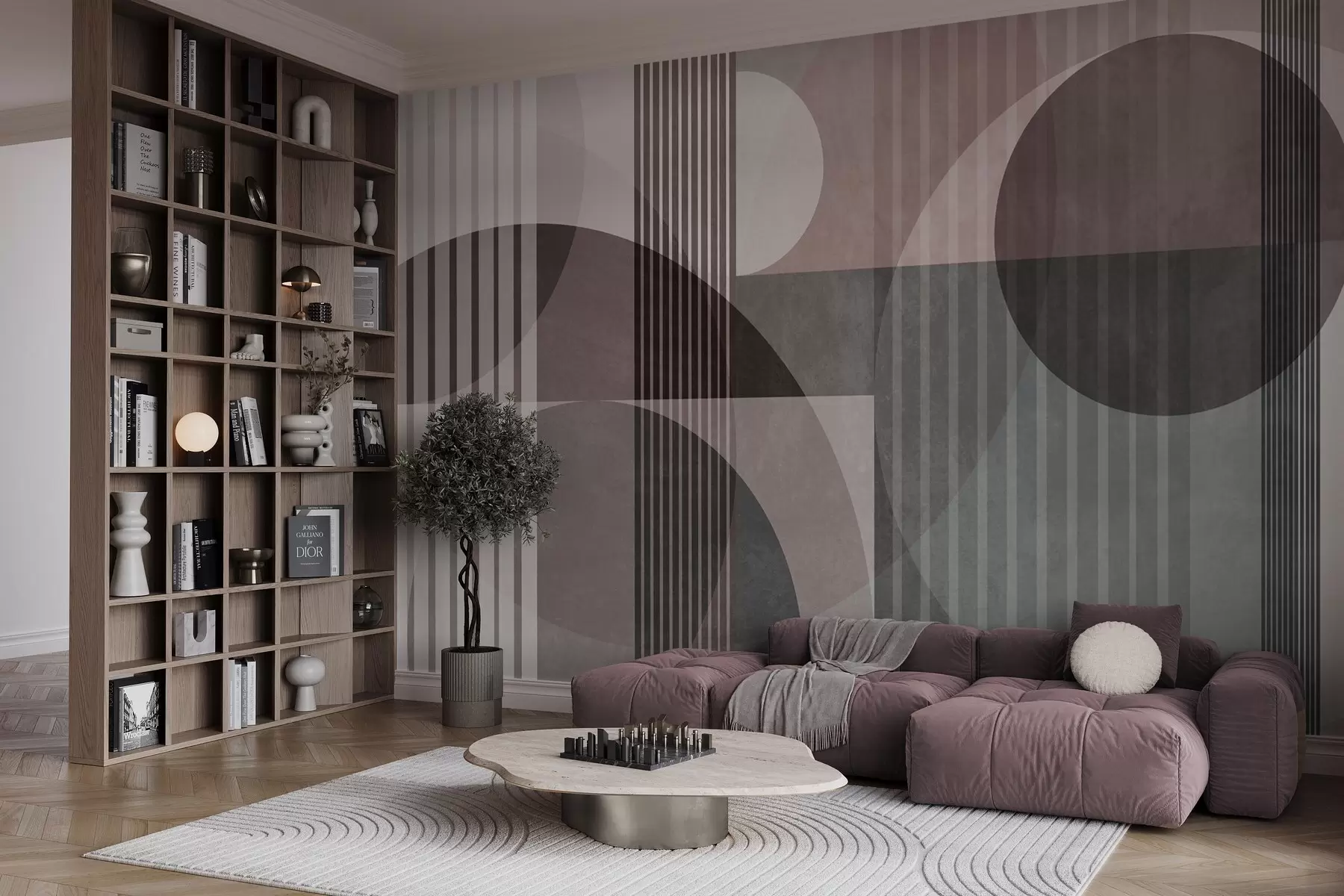 murais de parede Formas geométricas abstratas com círculos e linhas, tons suaves, textura e composição em camadas w09834v1