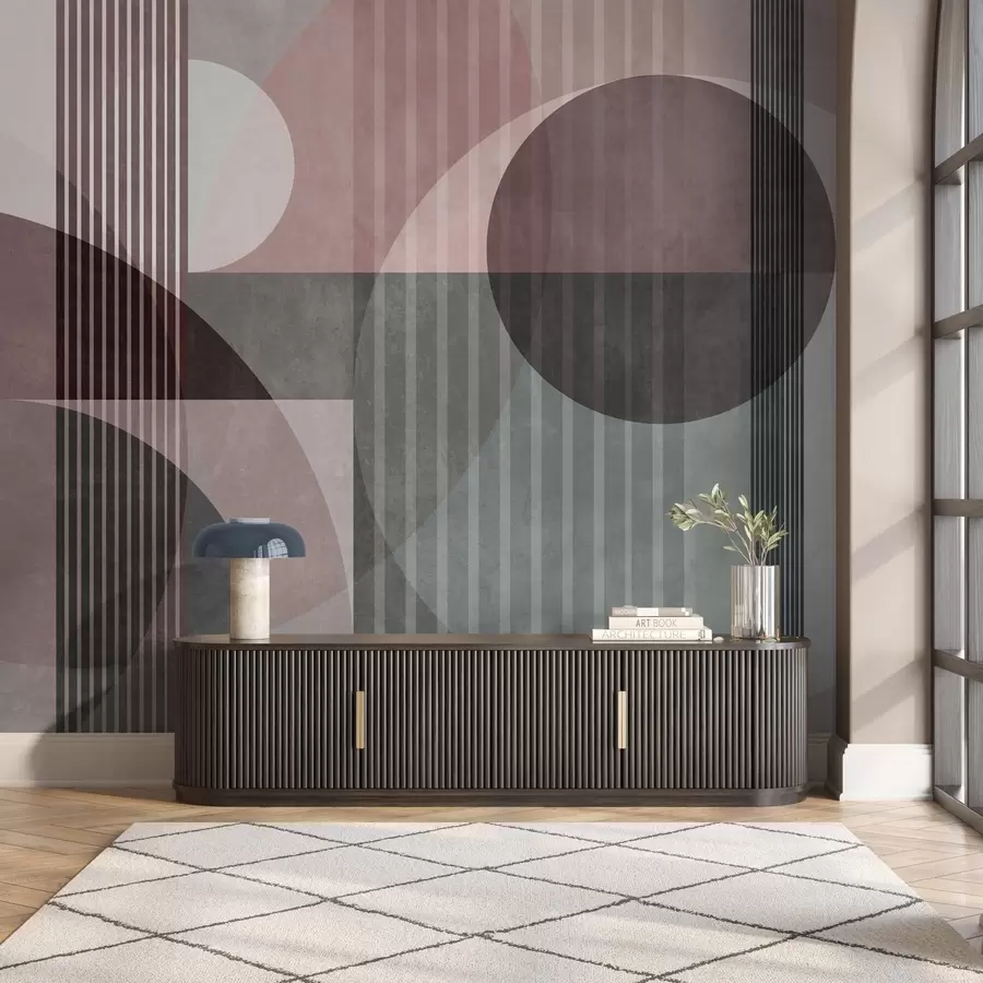 murais de parede Formas geométricas abstratas com círculos e linhas, tons suaves, textura e composição em camadas w09834v1
