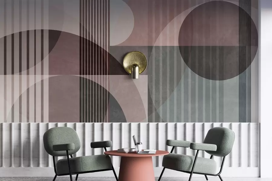 murais de parede Formas geométricas abstratas com círculos e linhas, tons suaves, textura e composição em camadas w09834v1