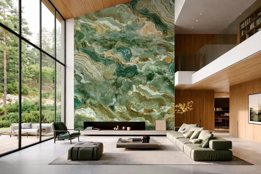 murais de parede Textura de ônix verde com veios fluidos em camadas w05429