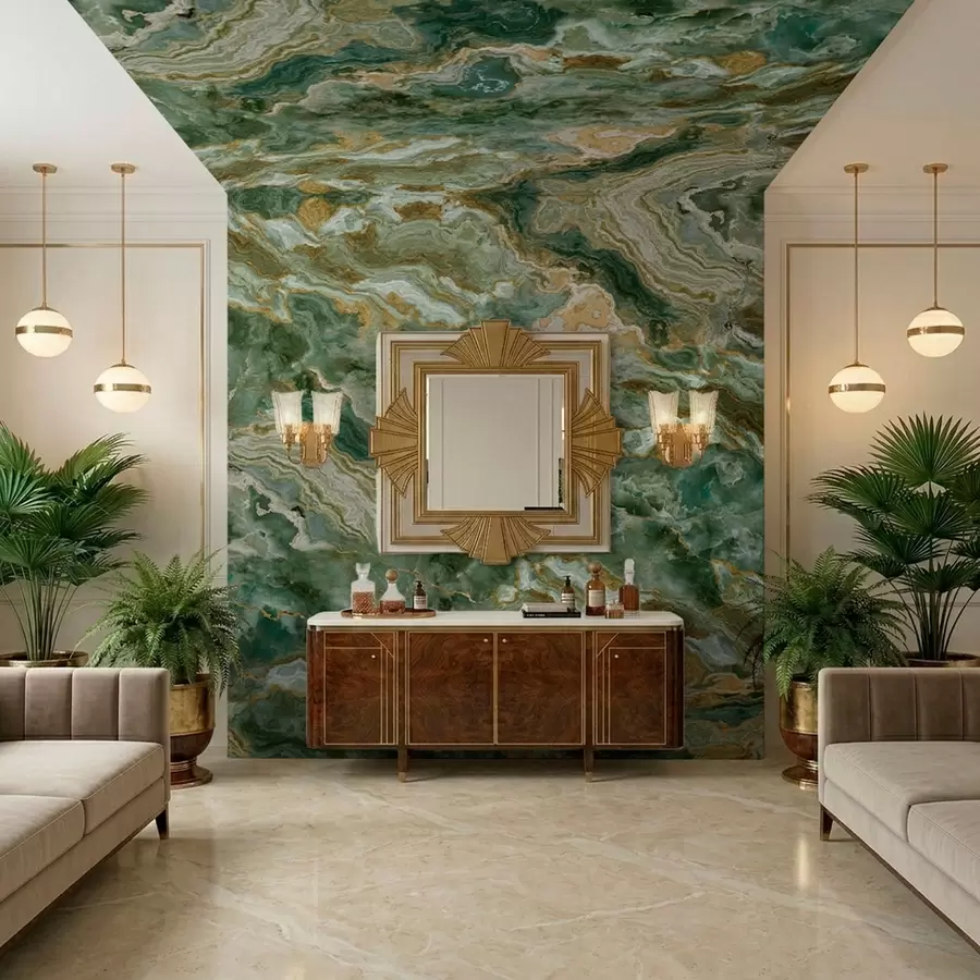 murais de parede Textura de ônix verde com veios fluidos em camadas w05429