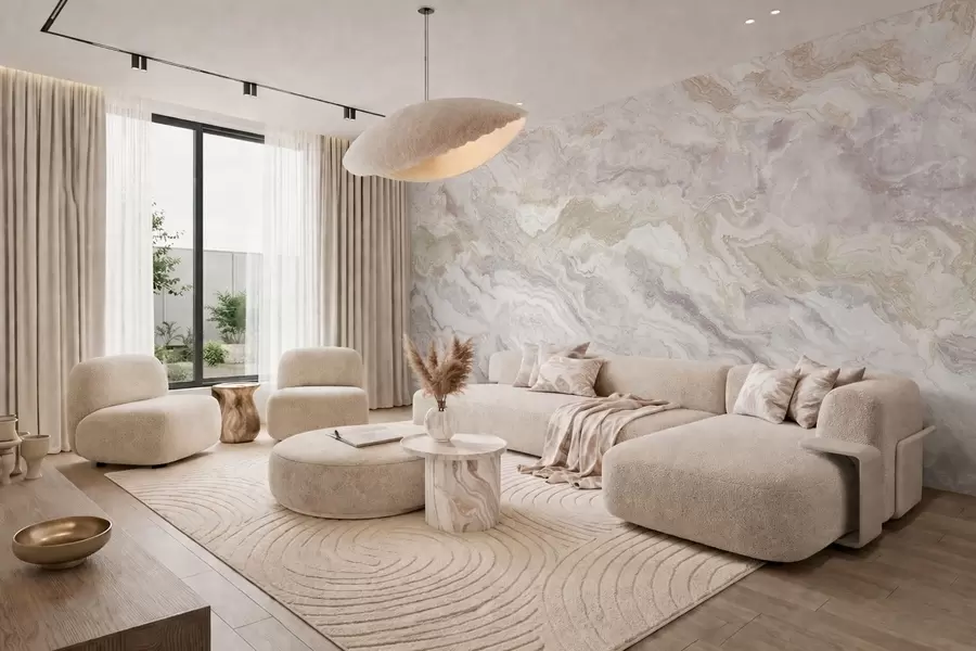 murais de parede Ônix claro com camadas fluidas em tons de bege e cinzento w05430