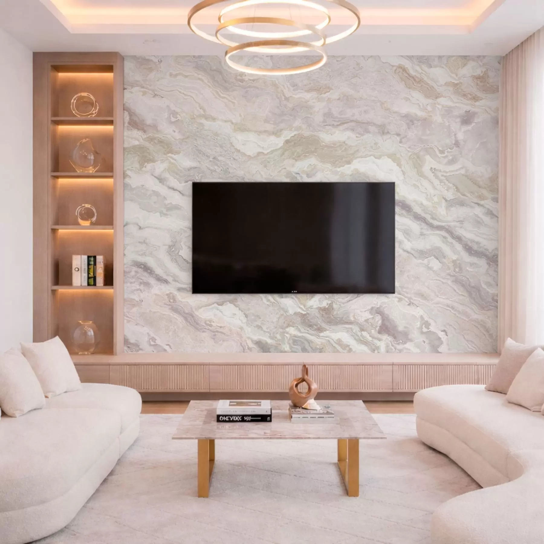 murais de parede Ônix claro com camadas fluidas em tons de bege e cinzento w05430