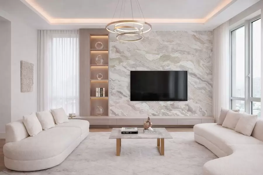 murais de parede Ônix claro com camadas fluidas em tons de bege e cinzento w05430