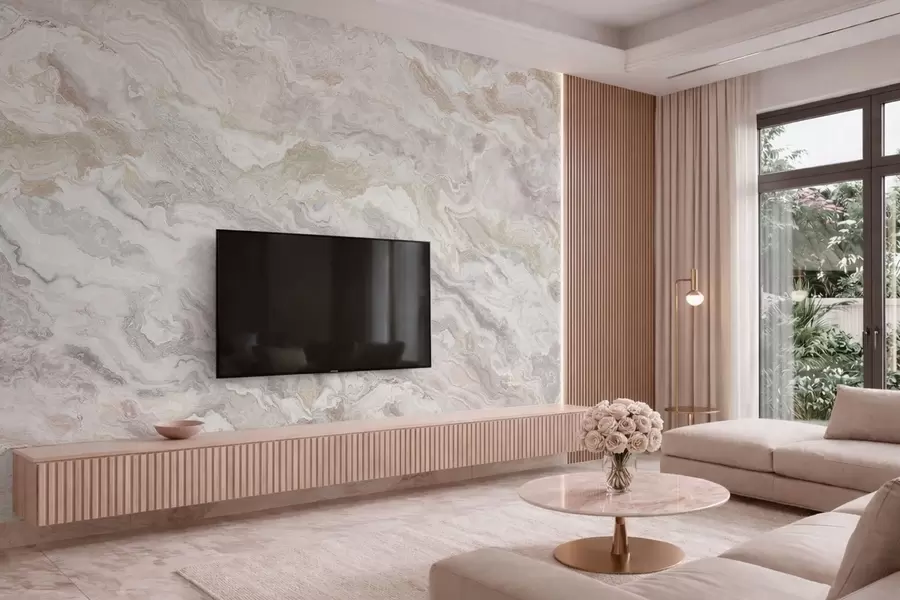 murais de parede Ônix claro com camadas fluidas em tons de bege e cinzento w05430