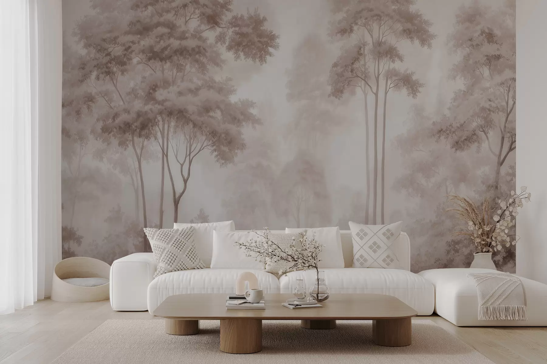 murais de parede Paisagem florestal abstrata em tons de bege esfumado, com uma sensação de profundidade w09657