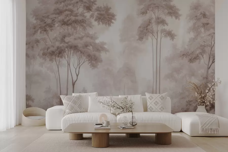 murais de parede Paisagem florestal abstrata em tons de bege esfumado, com uma sensação de profundidade w09657