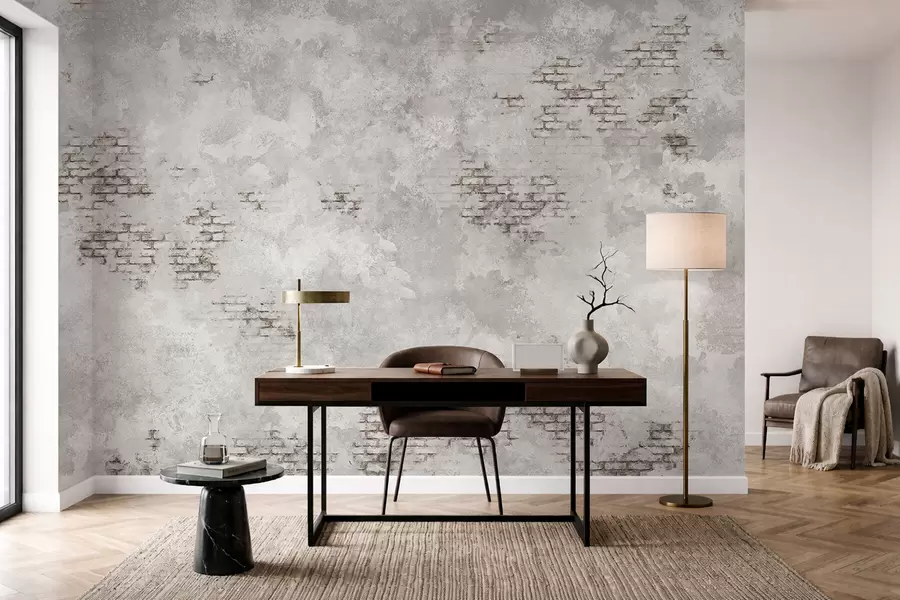 murais de parede Textura de reboco com aspecto envelhecido e fragmentos de tijolo à vista w05161