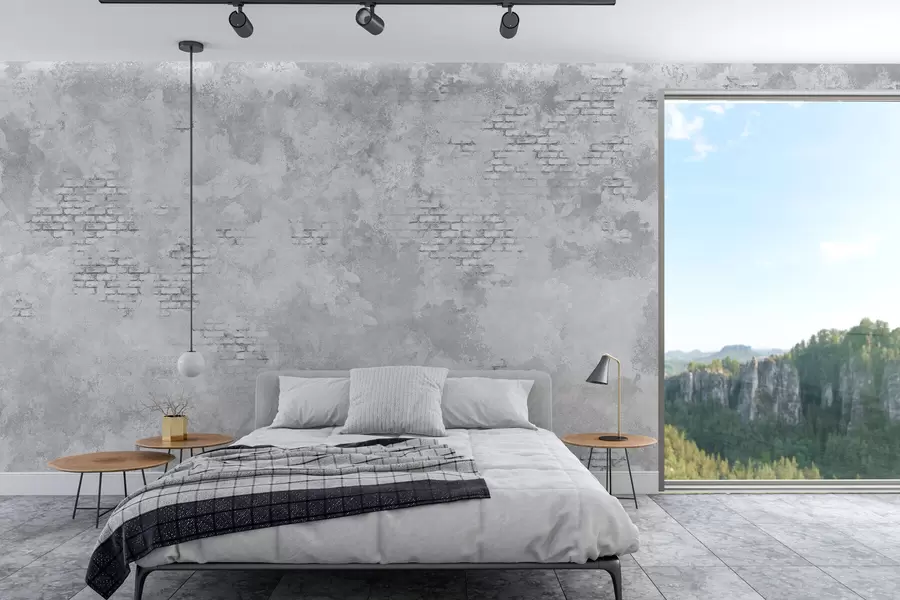murais de parede Reboco cinzento estilo grunge com trechos de tijolo à vista w05161v2