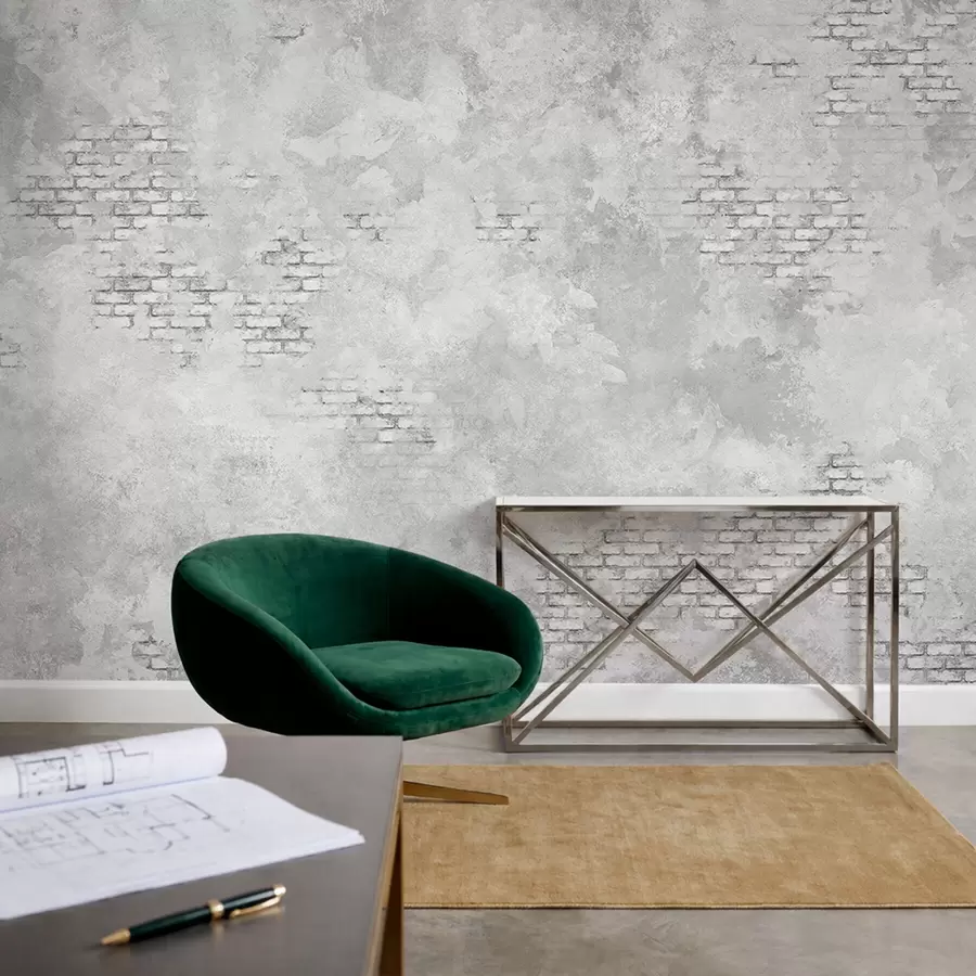 murais de parede Reboco cinzento estilo grunge com trechos de tijolo à vista w05161v2