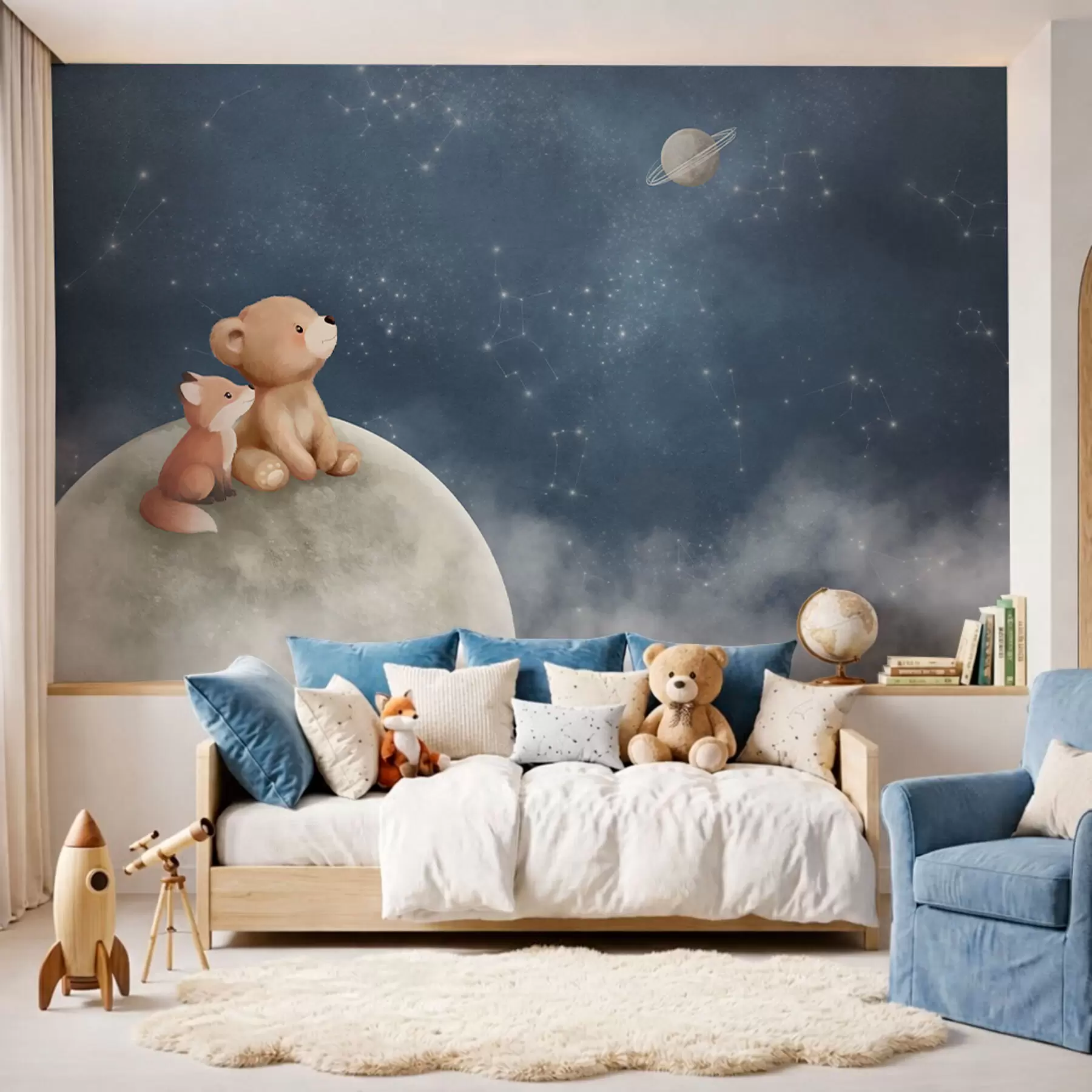 murais de parede Ilustração em tons pastel de um urso e uma raposa sob o céu noturno w05431