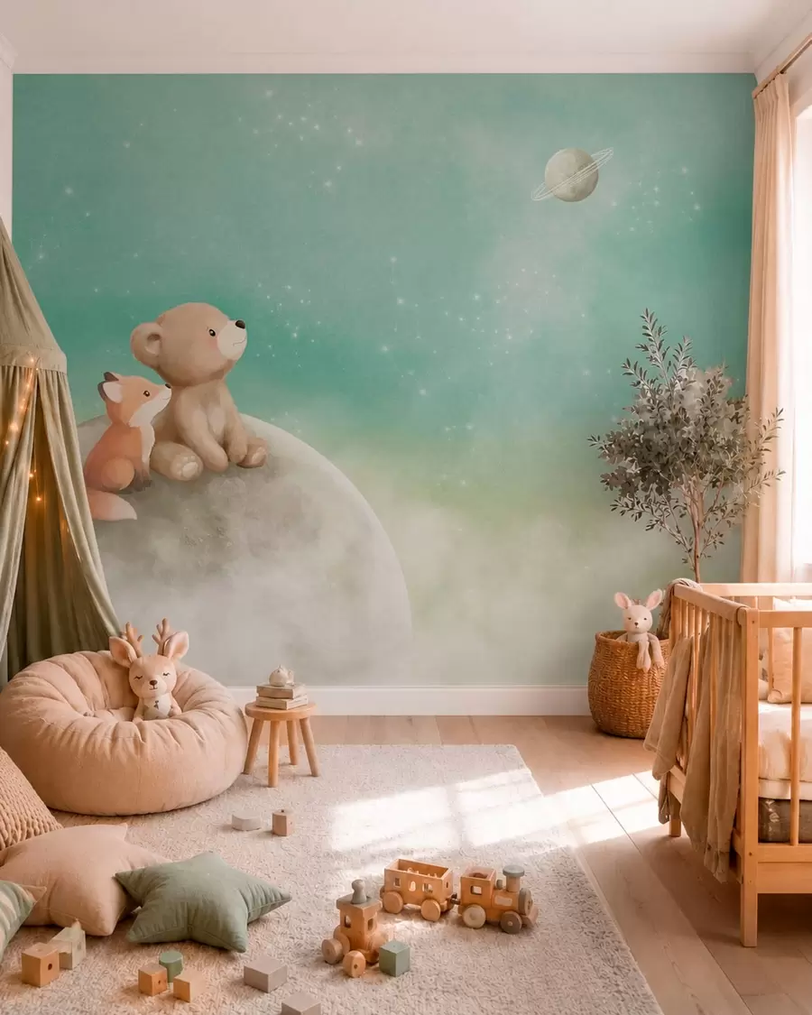 murais de parede Ilustração em tons pastel de um urso e uma raposa contra um céu verde w05431v1
