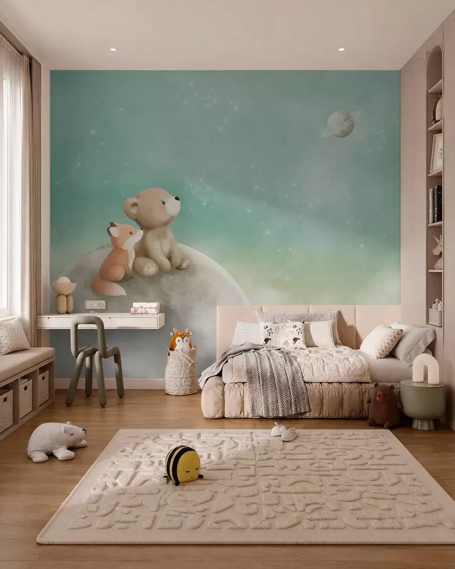 murais de parede Ilustração em tons pastel de um urso e uma raposa contra um céu verde w05431v1