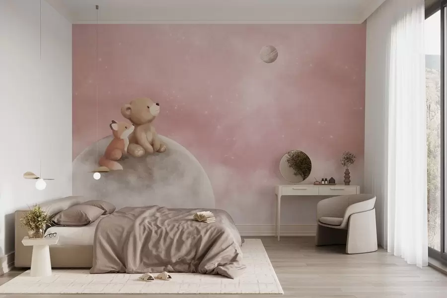 murais de parede Ilustração em tons pastel de um urso e uma raposa num céu rosa com a lua w05431v2