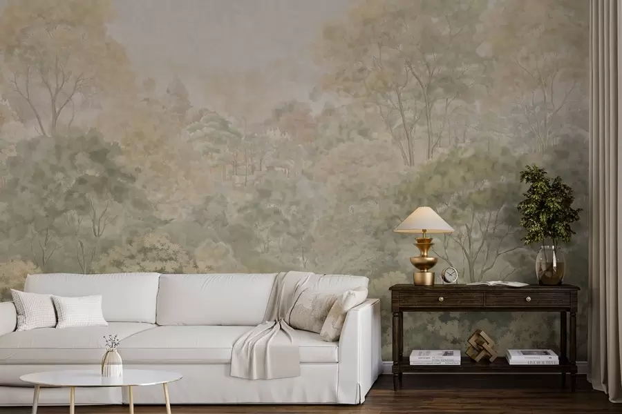 murais de parede Paisagem florestal vintage em tons suaves de verde w05433