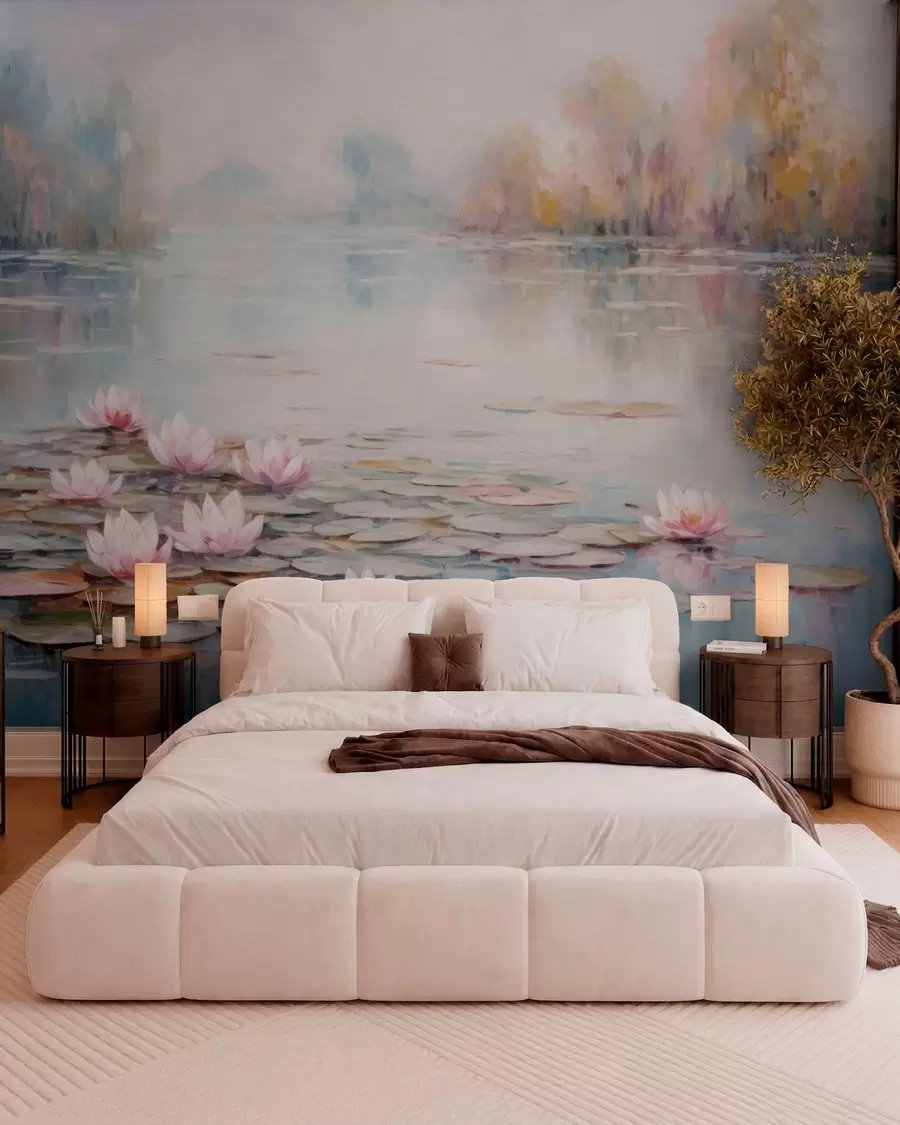 murais de parede Lago impressionista com nenúfares e luz suave w05515