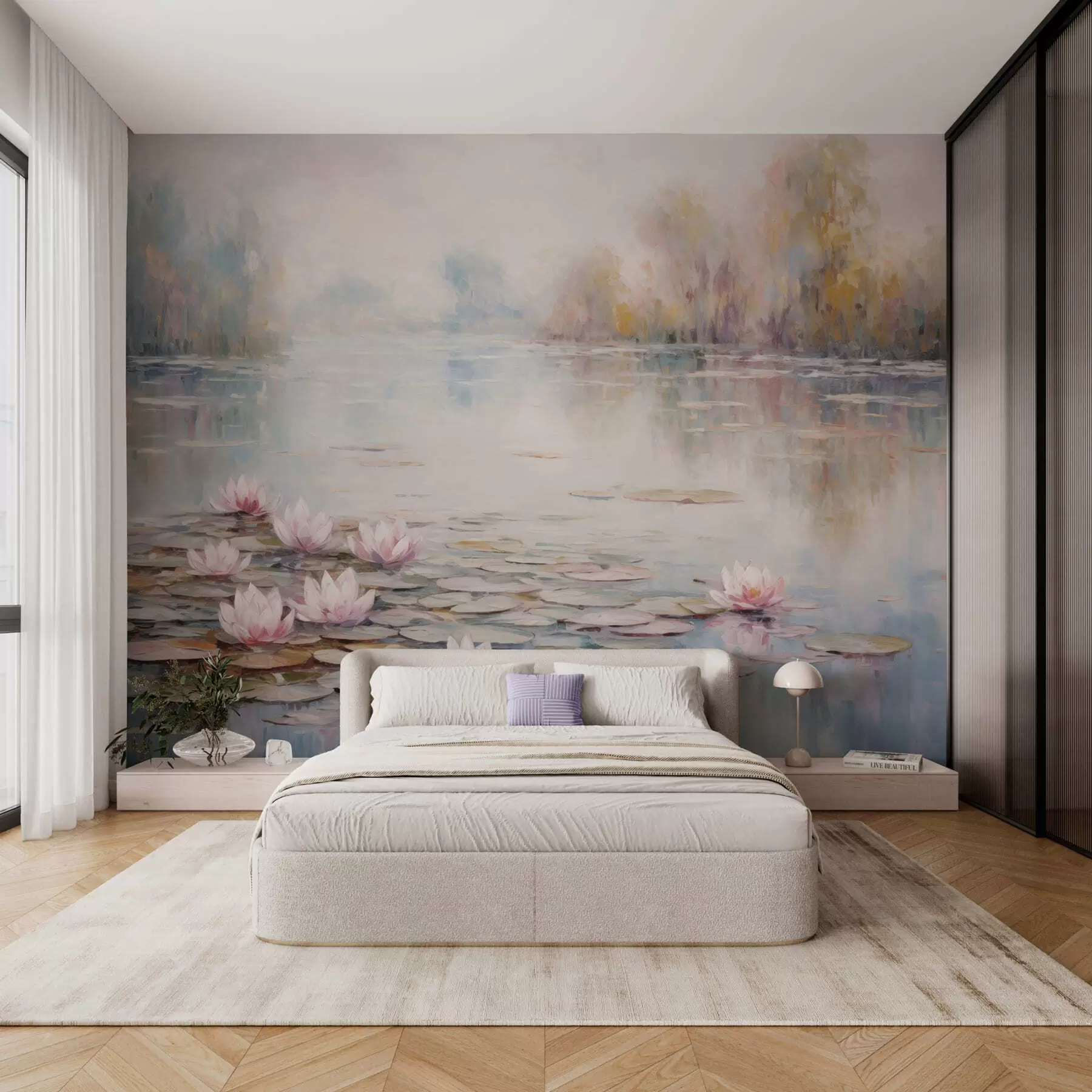 murais de parede Lago impressionista com nenúfares e luz suave w05515