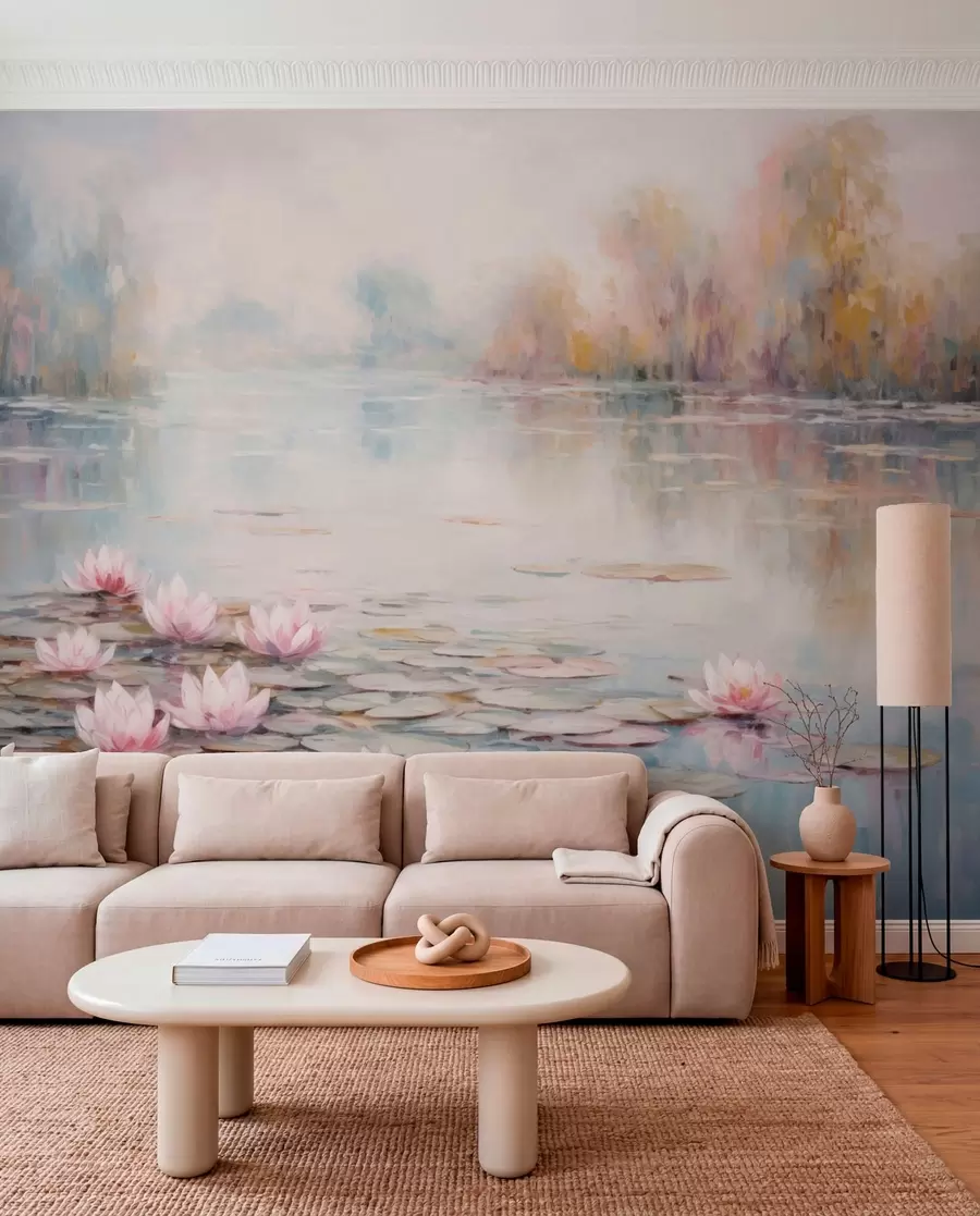 murais de parede Lago impressionista com nenúfares e luz suave w05515