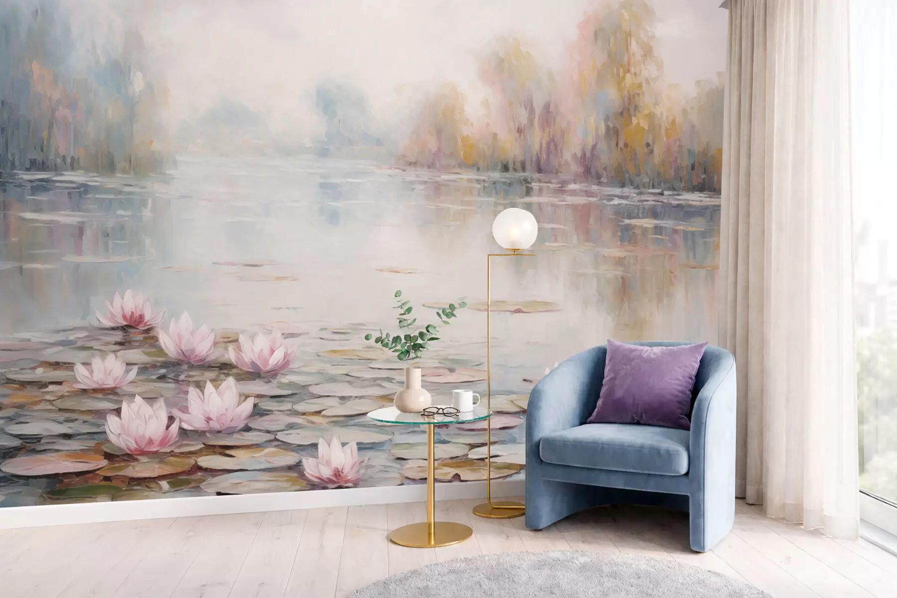 murais de parede Lago impressionista com nenúfares e luz suave w05515