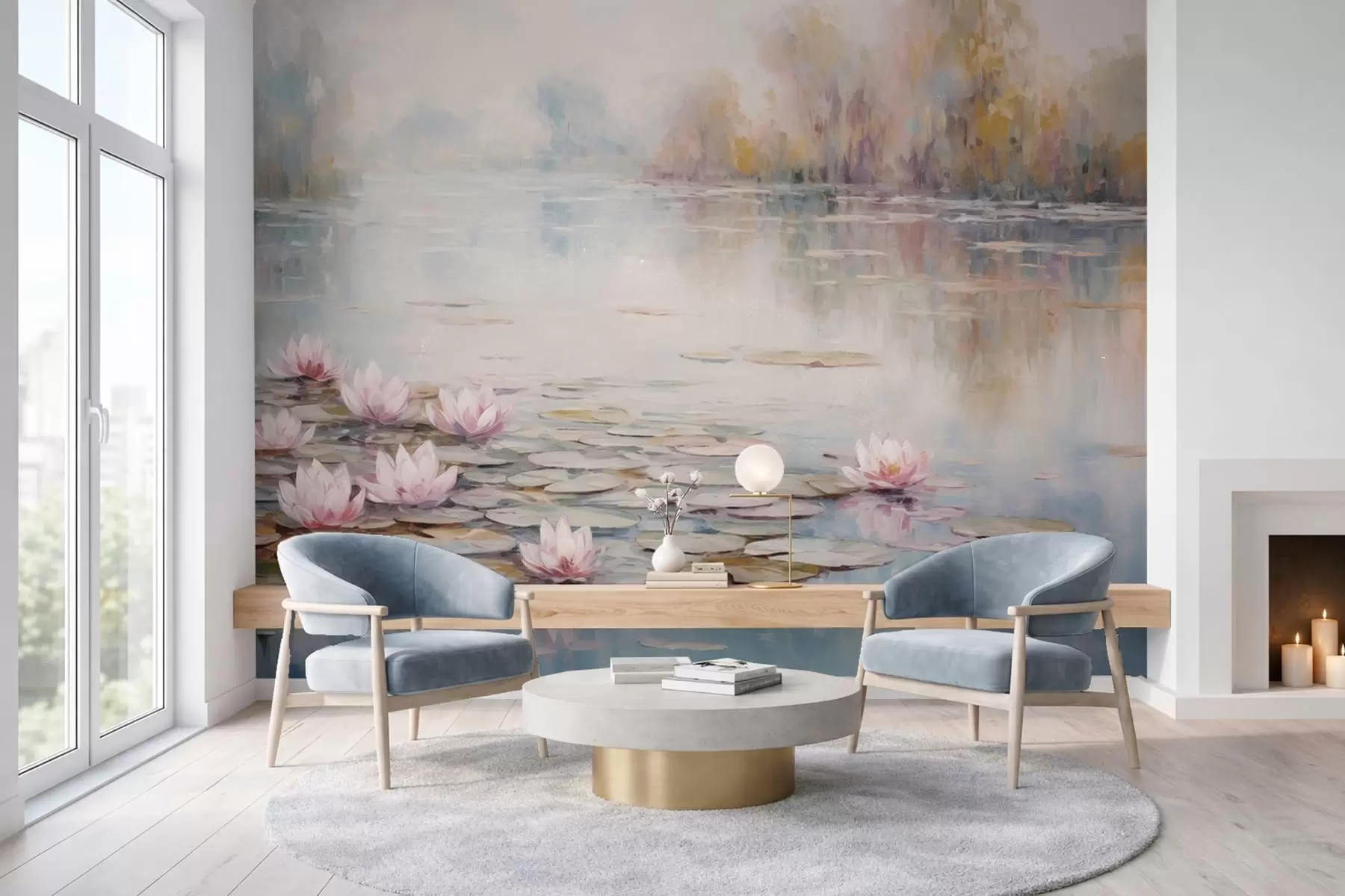 murais de parede Lago impressionista com nenúfares e luz suave w05515