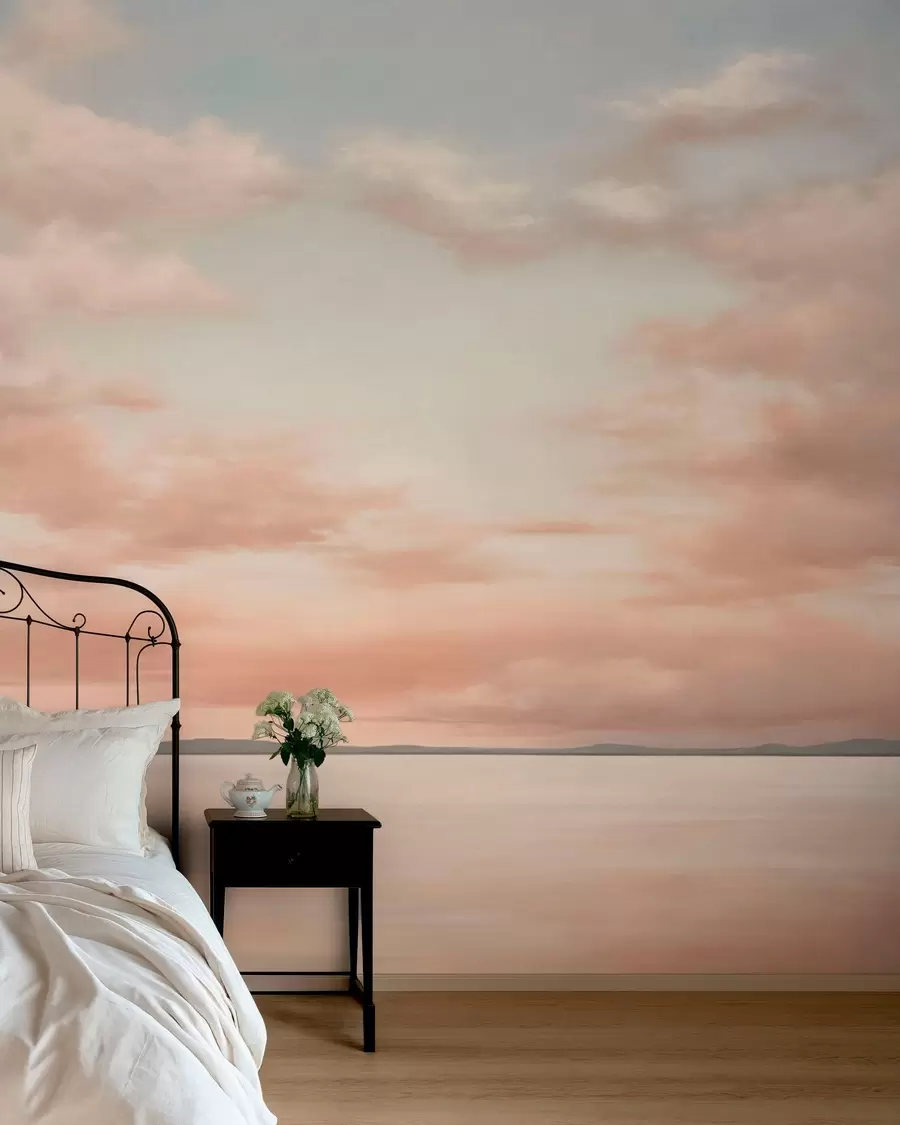 murais de parede Horizonte marítimo minimalista com nuvens em tons pastel w05516