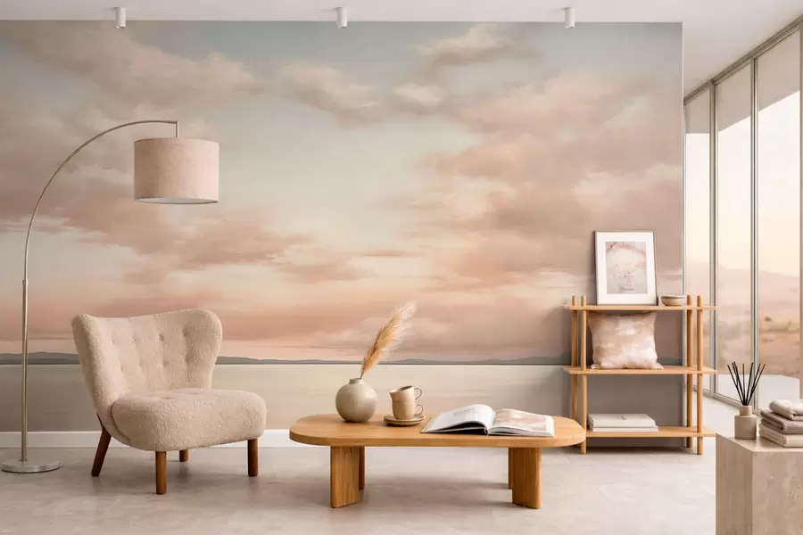 murais de parede Horizonte marítimo minimalista com nuvens em tons pastel w05516