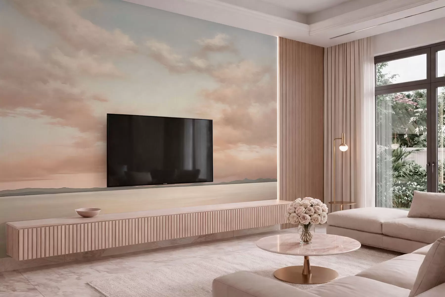 murais de parede Horizonte marítimo minimalista com nuvens em tons pastel w05516