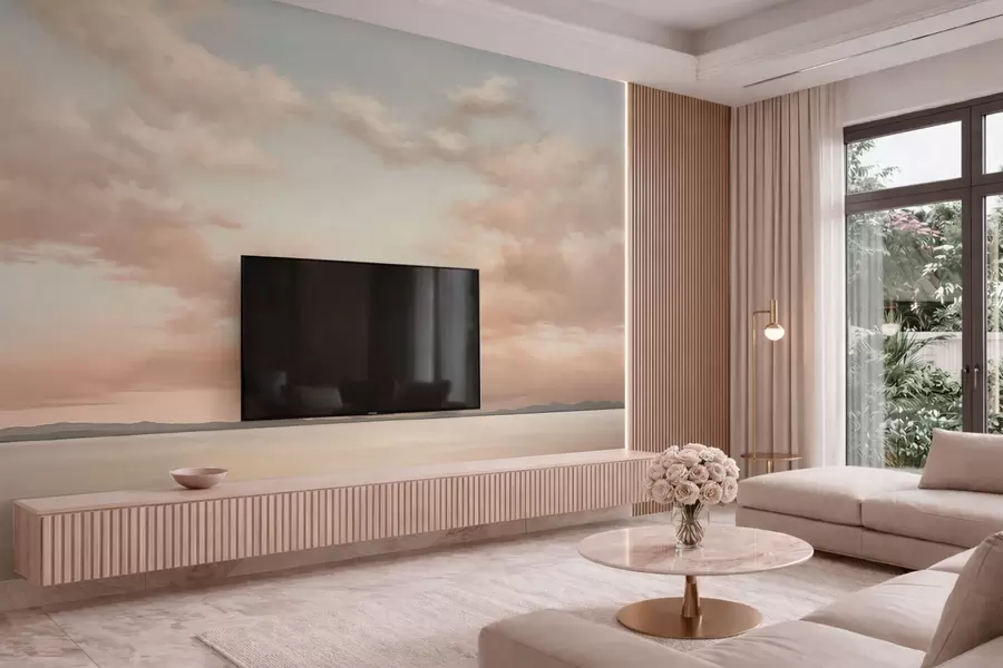 murais de parede Horizonte marítimo minimalista com nuvens em tons pastel w05516