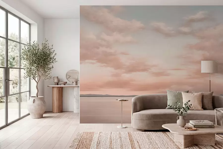 murais de parede Horizonte marítimo minimalista com nuvens em tons pastel w05516