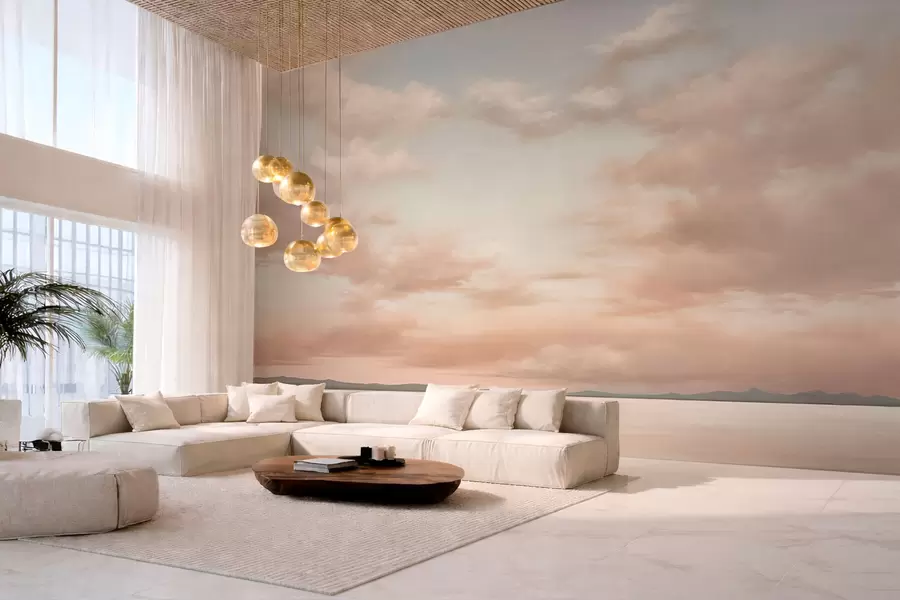 murais de parede Horizonte marítimo minimalista com nuvens em tons pastel w05516