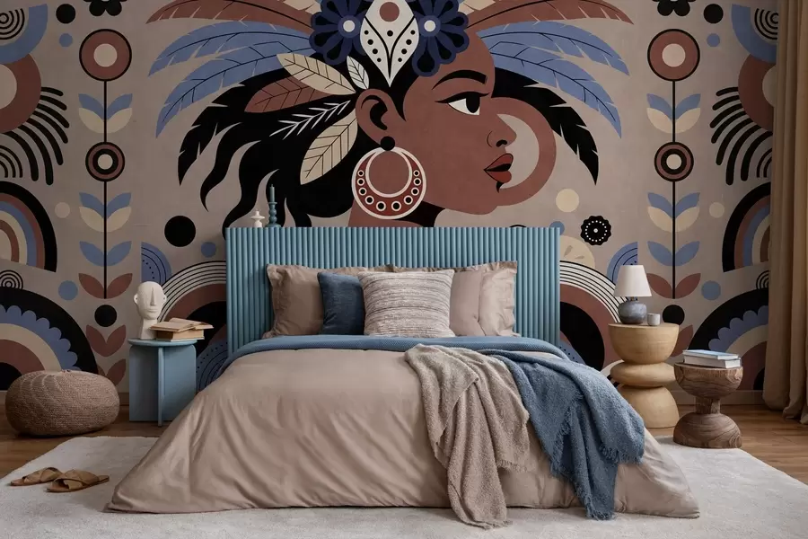 murais de parede um design elegante de inspiração africana em tons de azul e castanho w05389