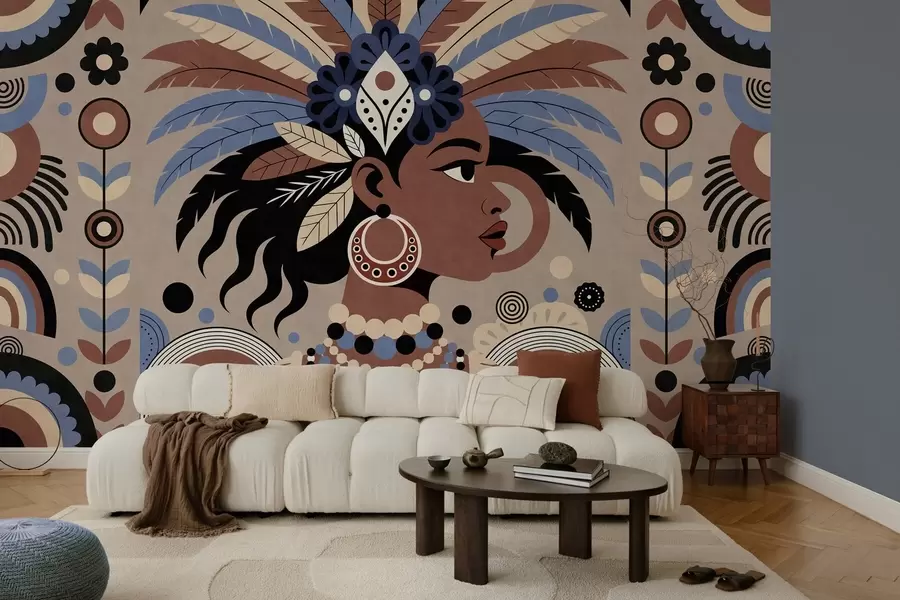 murais de parede um design elegante de inspiração africana em tons de azul e castanho w05389