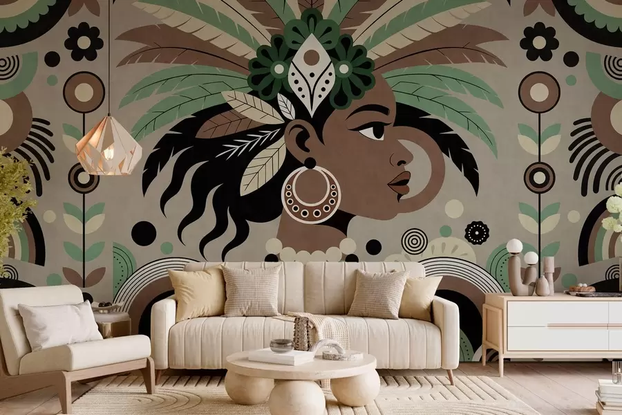 murais de parede um design elegante de inspiração africana em tons de verde, castanho e bege w05389v1