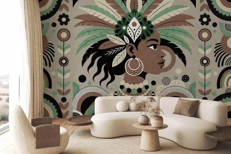 murais de parede um design elegante de inspiração africana em tons de verde, castanho e bege w05389v1