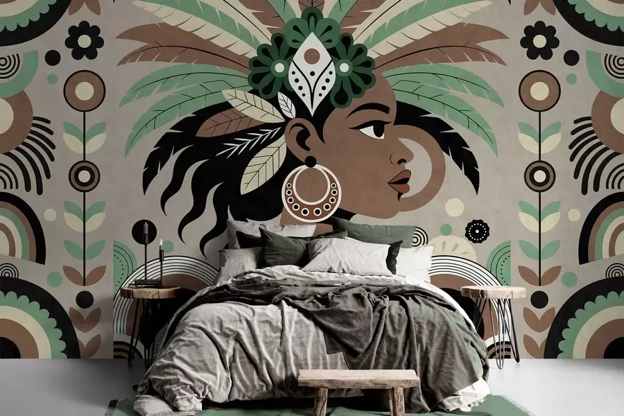murais de parede um design elegante de inspiração africana em tons de verde, castanho e bege w05389v1