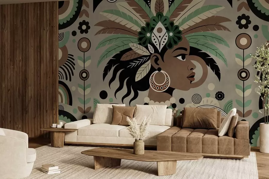 murais de parede um design elegante de inspiração africana em tons de verde, castanho e bege w05389v1