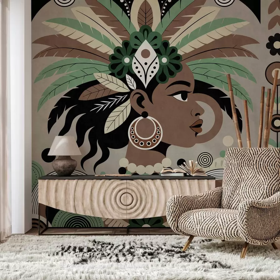 murais de parede um design elegante de inspiração africana em tons de verde, castanho e bege w05389v1