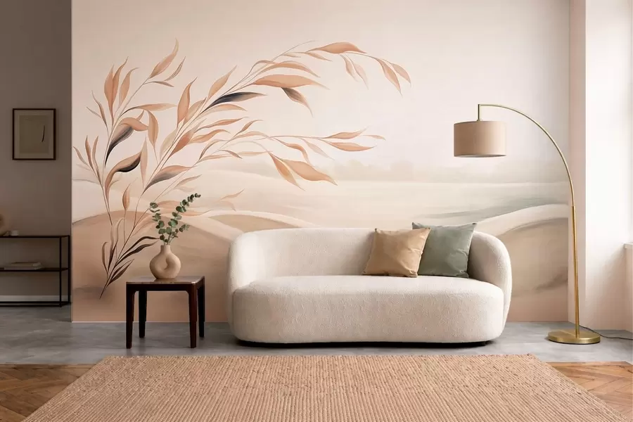 murais de parede Uma paisagem suave com um ramo sobre colinas em tons de bege claro w05297