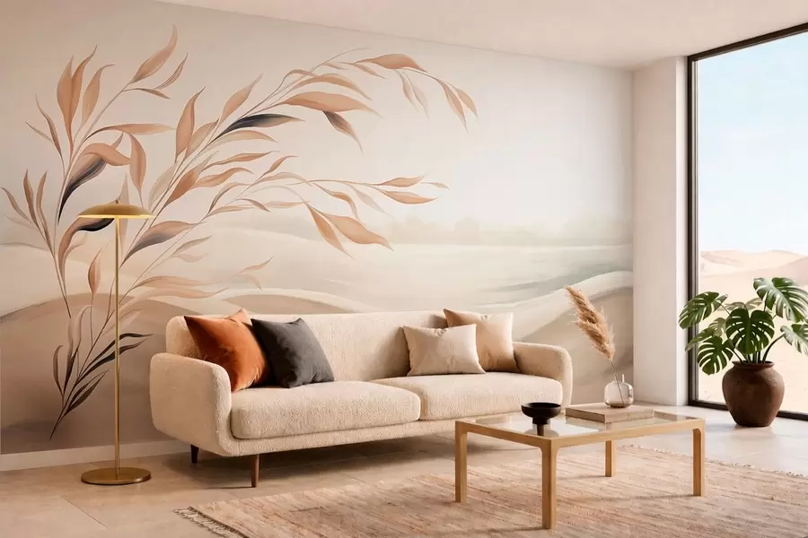 murais de parede Uma paisagem suave com um ramo sobre colinas em tons de bege claro w05297
