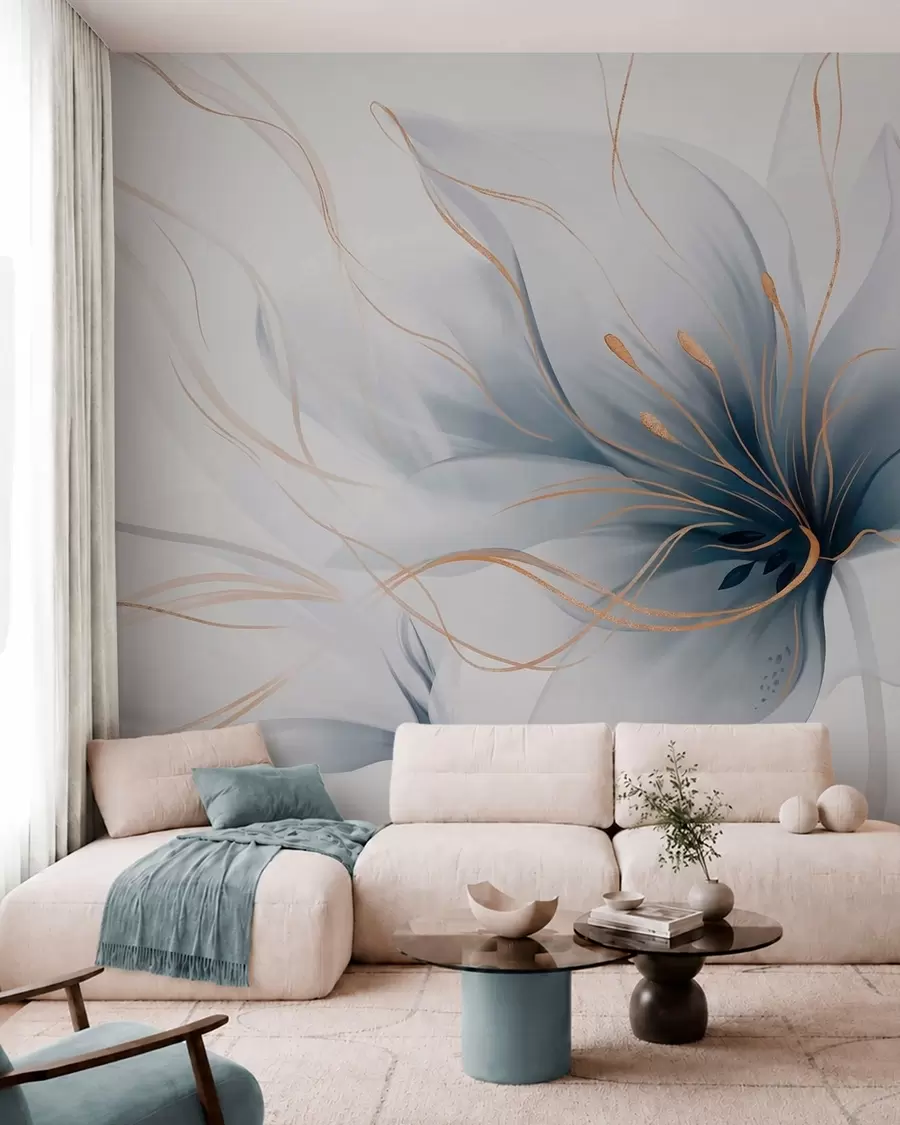 murais de parede Uma flor azul abstrata com linhas fluidas no estilo Fluid Art w05428