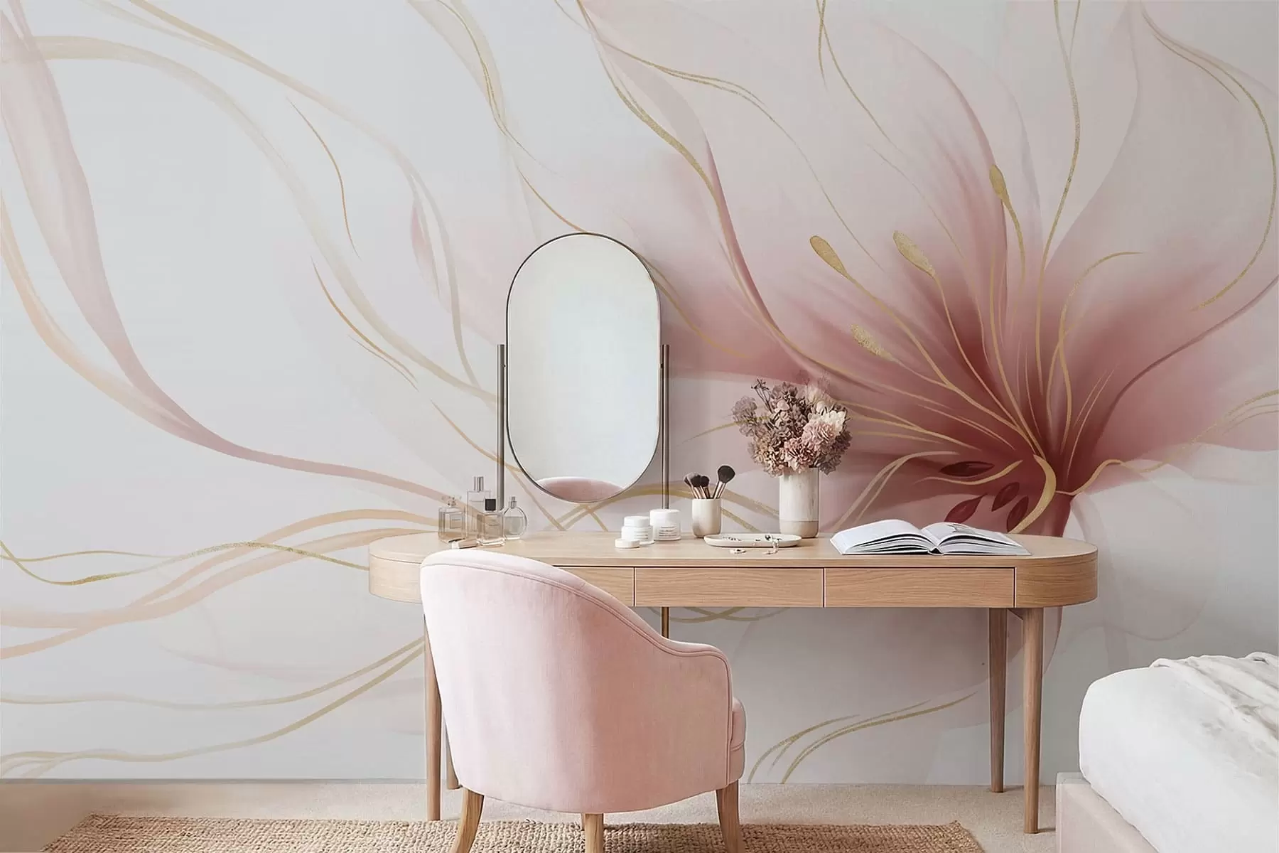murais de parede Uma flor rosa abstrata com linhas fluidas no estilo Fluid Art w05428v1