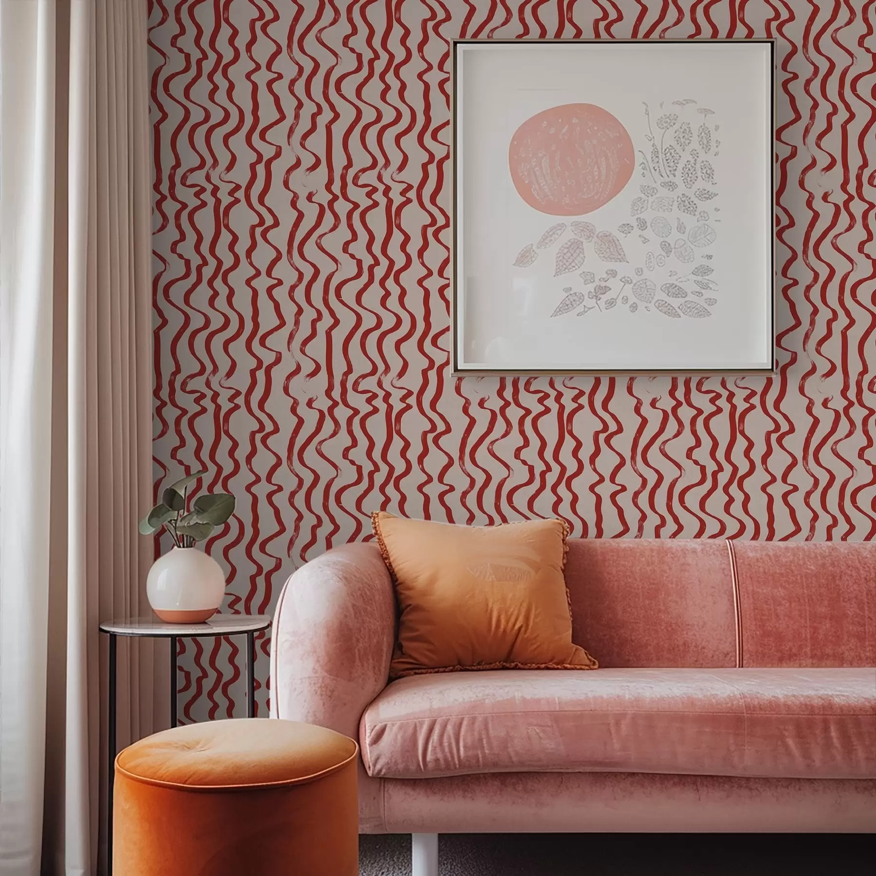 murais de parede Linhas onduladas vermelhas sobre fundo claro a01168