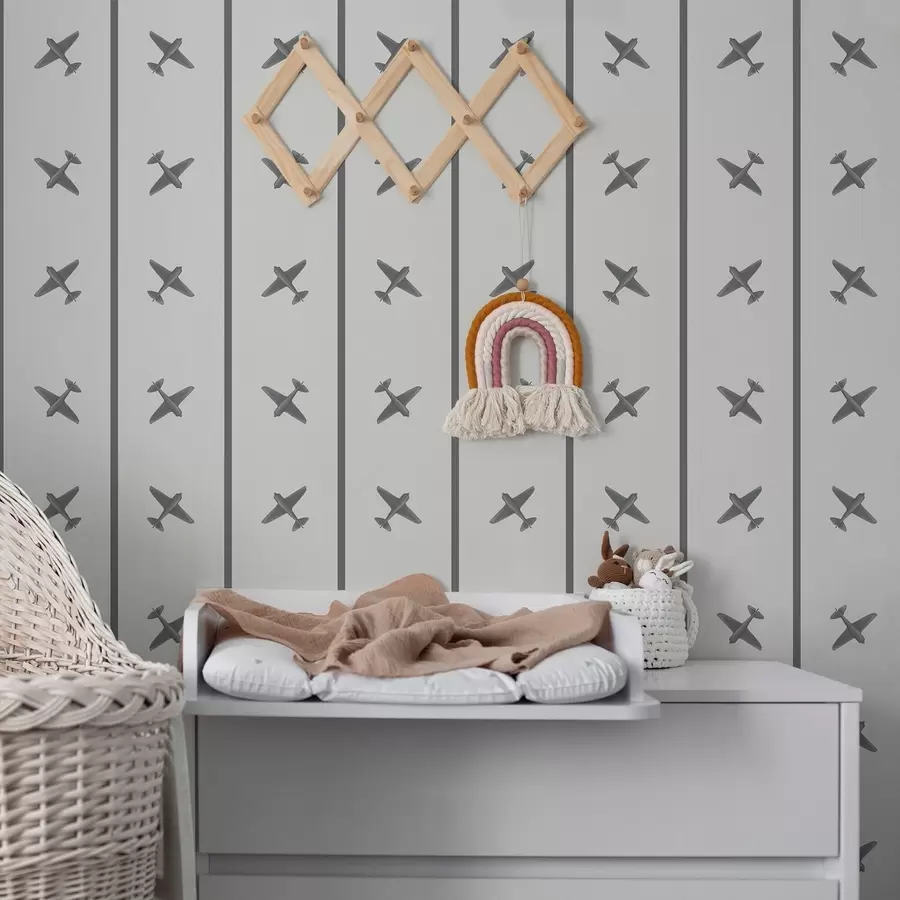 murais de parede Aviões com padrão às riscas em tons de cinzento a01169v2
