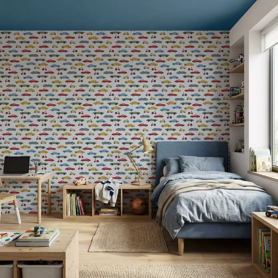 murais de parede Carros e scooters retro sobre fundo azul a01172v2