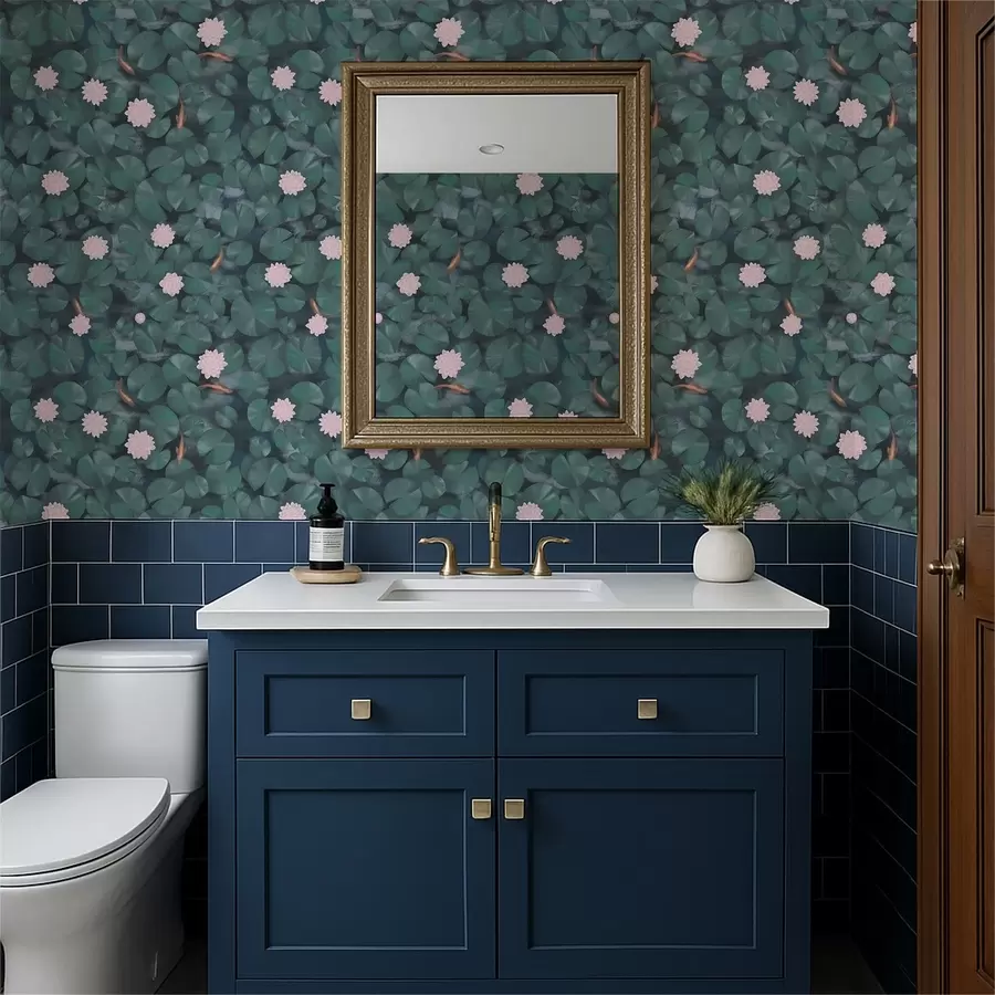 murais de parede Nenúfares com flores e peixes sobre um fundo escuro a01177