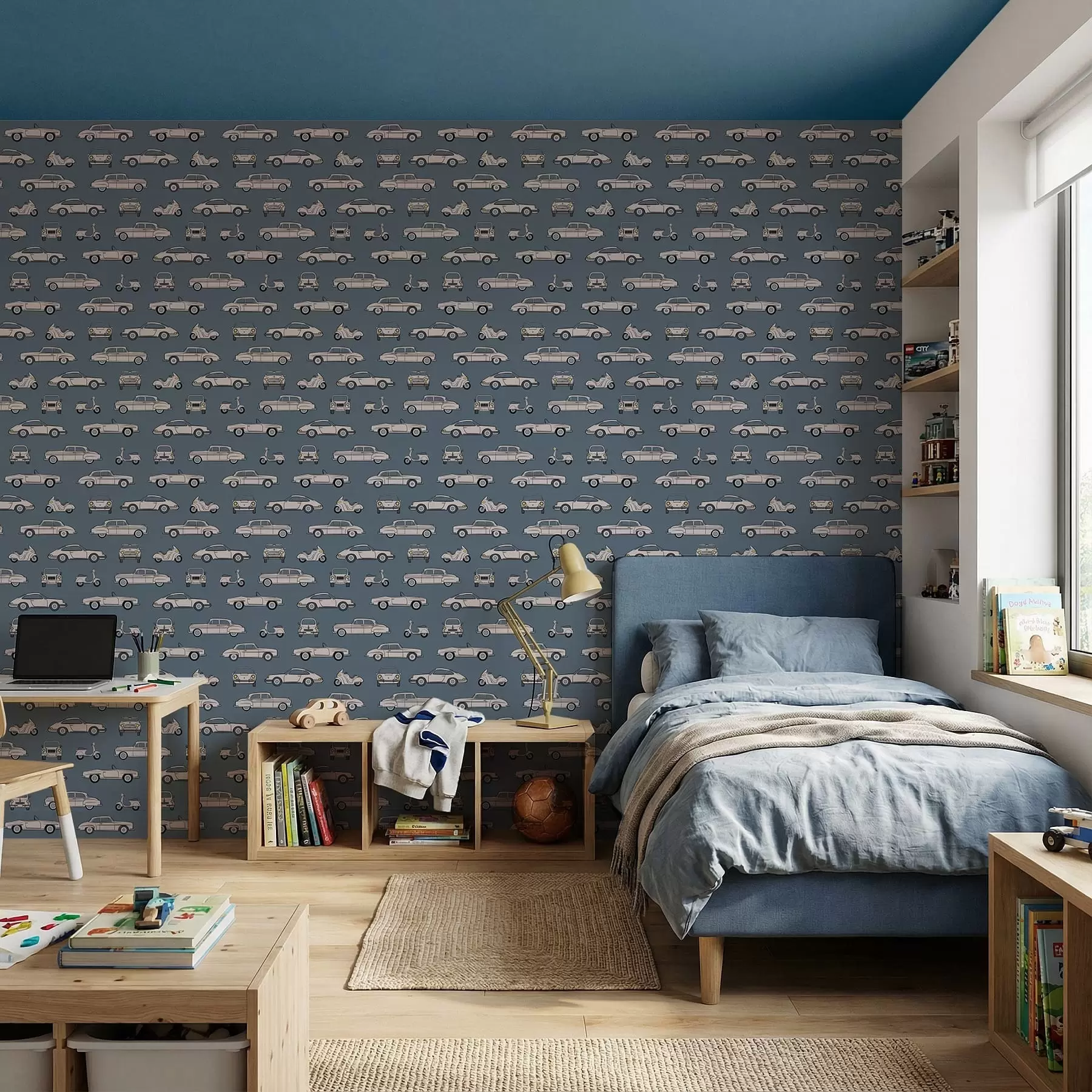 murais de parede Carros e scooters retro sobre fundo azul a01178