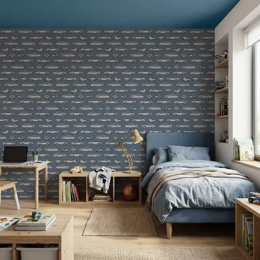 murais de parede Carros e scooters retro sobre fundo azul a01178