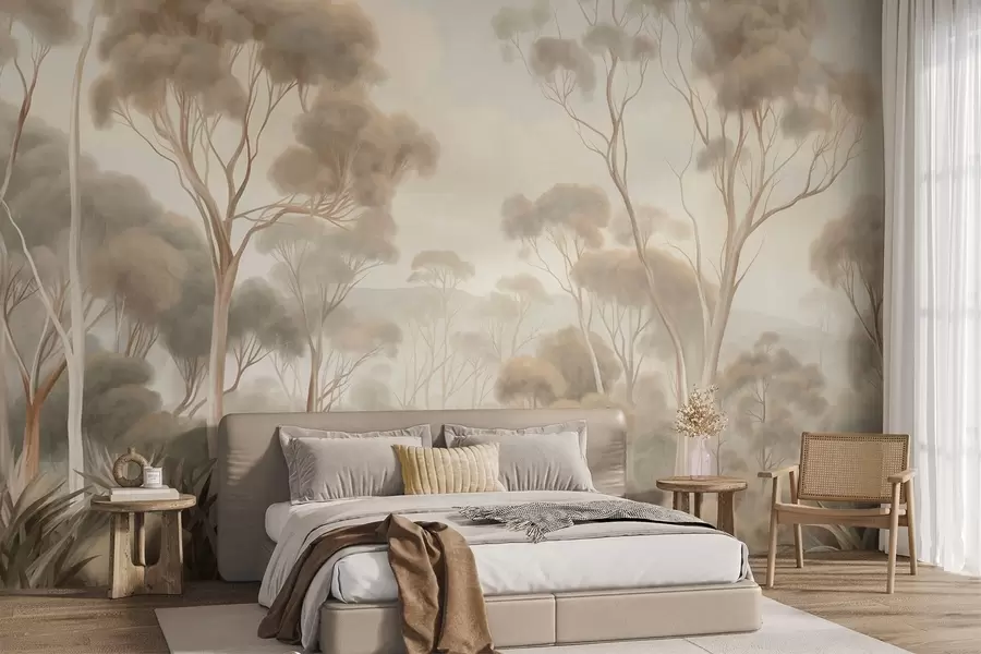 murais de parede Uma paisagem florestal enevoada com altos eucaliptos, colinas ondulantes sob um céu nublado, arte texturada w09822